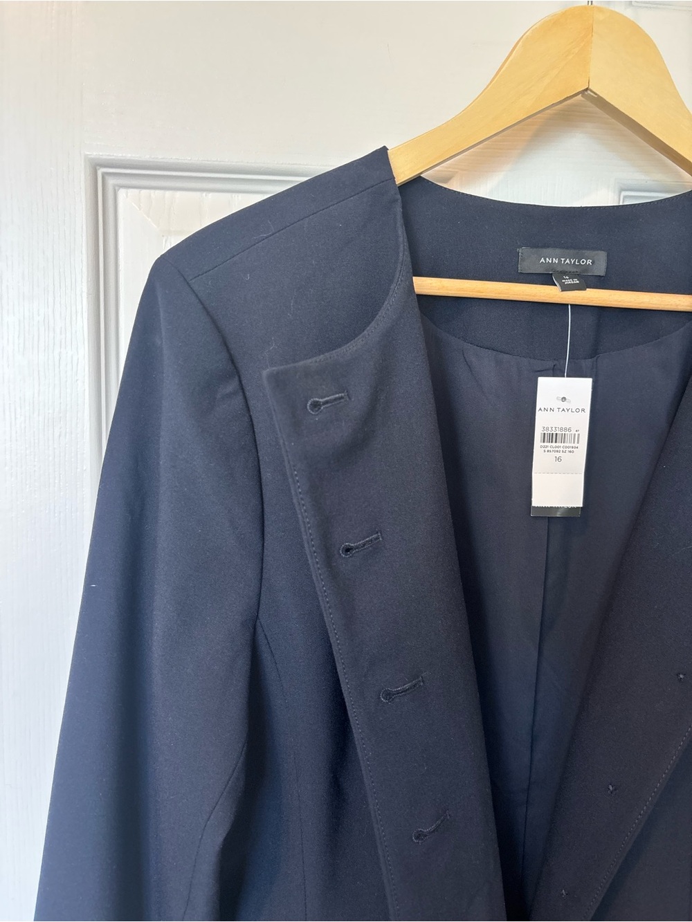Ann Taylor Navy Collarless Longline Button Blazer